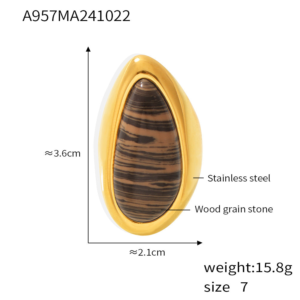 Damenring mit aufregendem Tropfen-Design aus hochwertigem Edelstahl und einzigartigem Holzmaserungstein Shop Nory