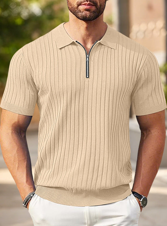 Herren nan elegantes strukturiertes Kurzarm-Strickpolo mit kurzem Metallreißverschluss und Hemdkragen