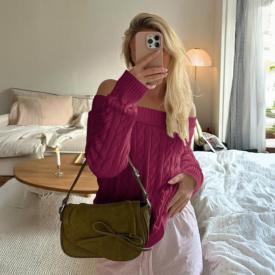 Damen nan oversized schulterfreier Zopfstrickpullover mit geripptem Ausschnitt und Ballonärmeln Shop Nory