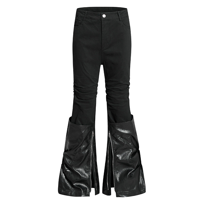 Damen High‑Waist Schlaghose mit abnehmbaren Kunstleder‑Unterschenkeln und Reißverschluss-Details Shop Nory