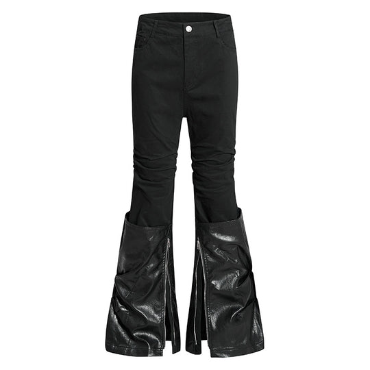 Damen High‑Waist Schlaghose mit abnehmbaren Kunstleder‑Unterschenkeln und Reißverschluss-Details Shop Nory