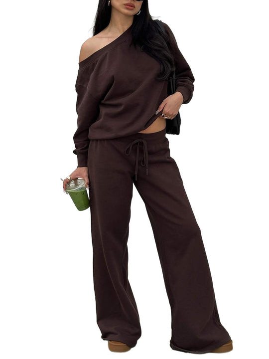 Damen Lässiges Off-Shoulder Lounge-Set aus French-Terry mit weitem Bein und Kordelzug Shop Nory