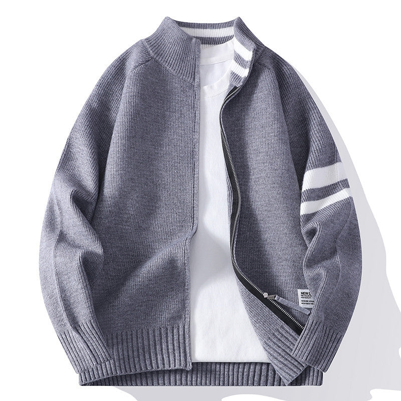 Herren gestrickte Zip-Cardigan im College-Stil mit gestreiftem Ärmelband und geripptem Stehkragen Shop Nory