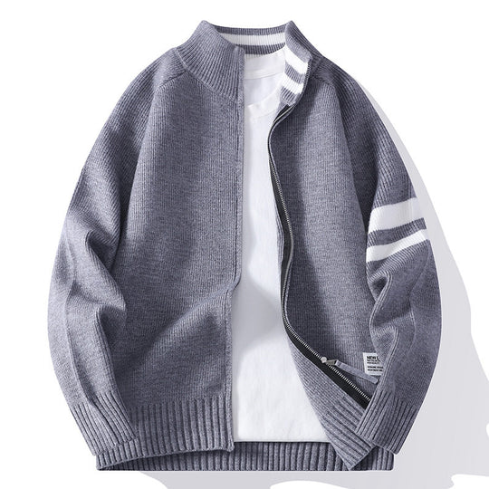 Herren gestrickte Zip-Cardigan im College-Stil mit gestreiftem Ärmelband und geripptem Stehkragen Shop Nory