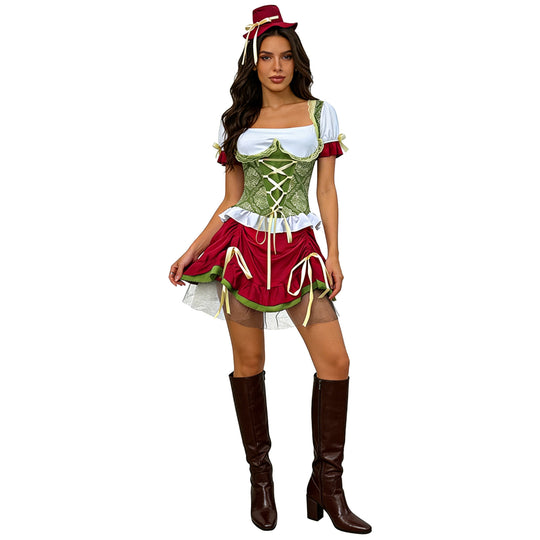 Damen nan kurzes Dirndl Trachtenkleid mit Schnürcorsage, Spitzenkragen und gerafftem Rock Shop Nory