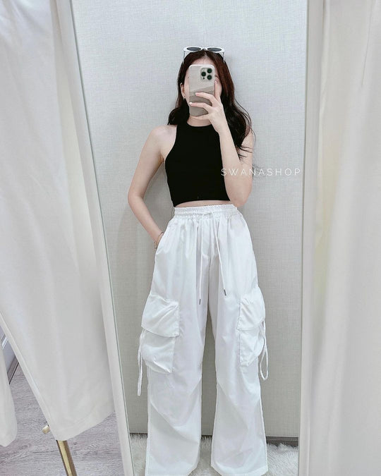 Damen nan ultraleichte Freizeit-Hose mit hohem Elastikbund, Kordelzug und verstellbarem Beinabschluss