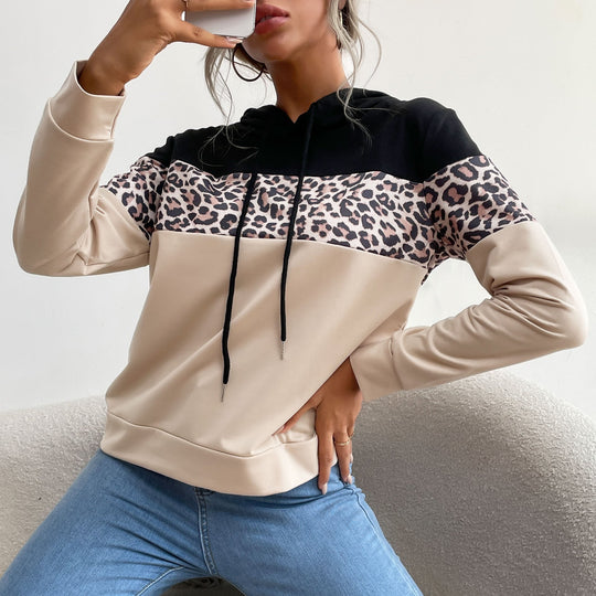Damen Kapuzensweatshirt mit Leoprint-Besatz und Kängurutasche Shop Nory