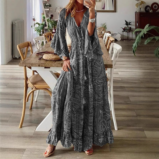 Damen Boho Maxikleid mit Paisley-Print, V-Ausschnitt, Stufenrock und Bindegürtel Shop Nory