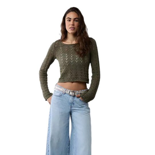Damen Feinstrick-Cropped-Top mit Ajourmuster und Rundhalsausschnitt Shop Nory