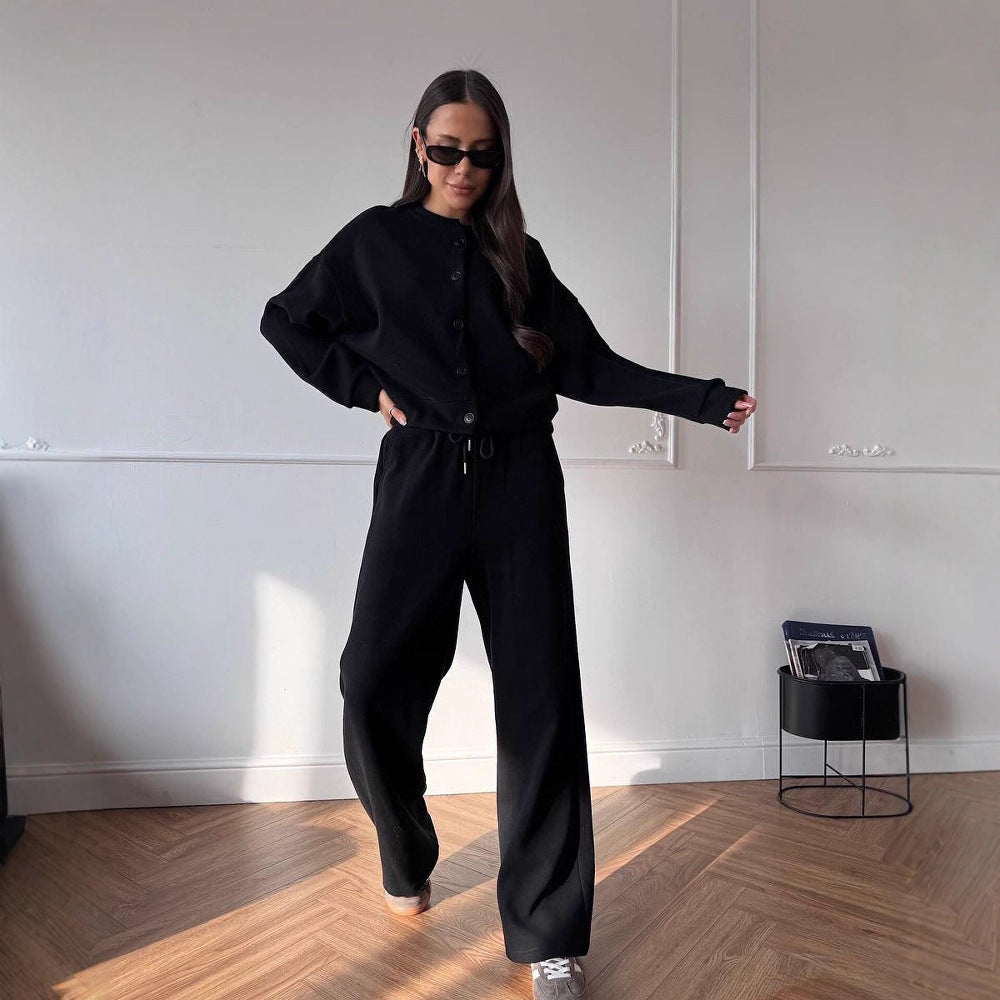 Damen Zweiteiliges Loungewear-Set aus Sweat mit geknöpfter Cropped-Jacke und weiter Kordelzughose Shop Nory