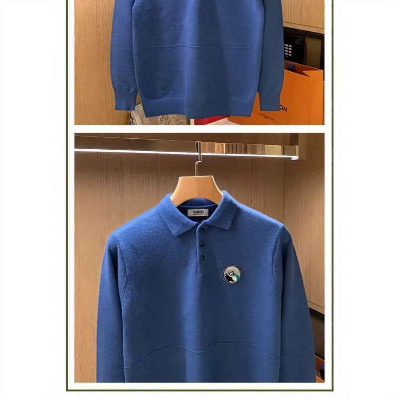 Herren Polokragen-Pullover aus weichem Flauschstrick mit Logo‑Patch Shop Nory