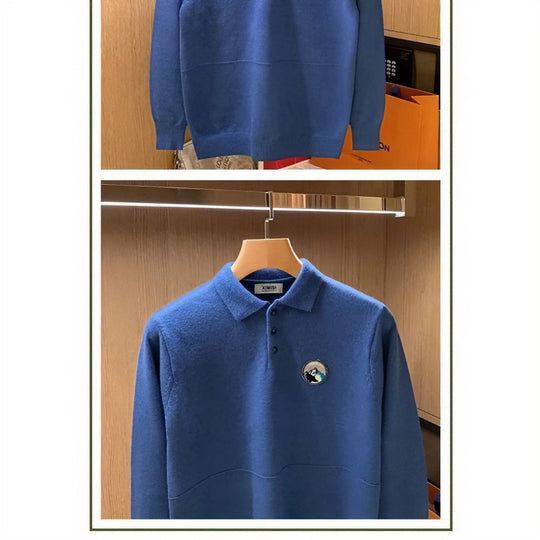 Herren Polokragen-Pullover aus weichem Flauschstrick mit Logo‑Patch Shop Nory
