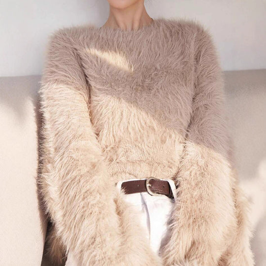 Damen Lang geschnittener Kuschel-Feinstrickpullover mit weichem Flormix, Rundhalsausschnitt und legerer Silhouette Shop Nory