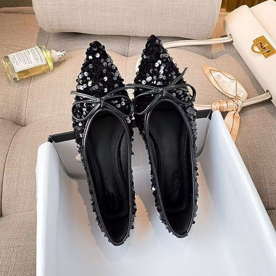 Damen funkelnde Ballerinas mit spitzem Zehenbereich und dekorativem Paillettenschmuck