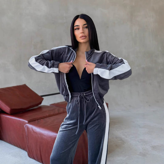 Damen weiches Samt Trainingsanzug Set mit Reißverschlussjacke und elastischer Tunnelzughose Shop Nory
