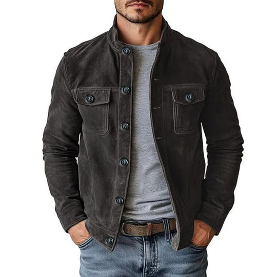 Herren nan klassische Velourslederjacke mit Stehkragen, Knopfleiste und aufgesetzten Brusttaschen Shop Nory
