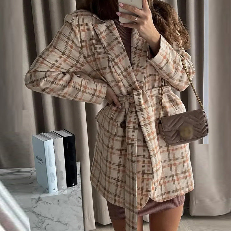 Damen Oversize karierter Mantelblazer mit Taillengürtel und aufgesetzten Taschen Shop Nory