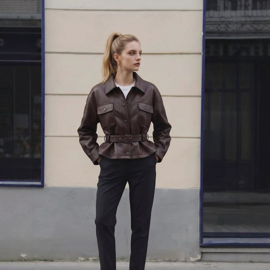 Damen Lederjacke mit Taillengürtel und Oversized-Schnitt Shop Nory