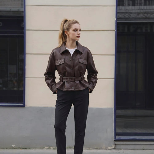 Damen Lederjacke mit Taillengürtel und Oversized-Schnitt Shop Nory
