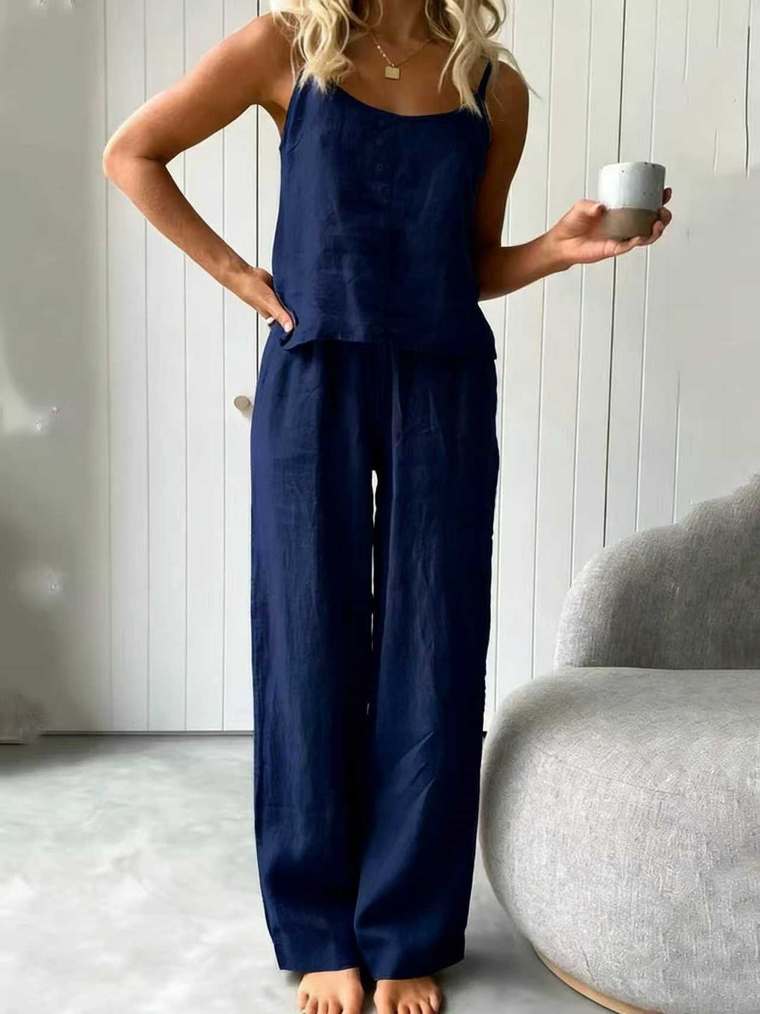 Damen lässiges Leinen-Set mit Trägershirt und weiten Hosen Shopnory