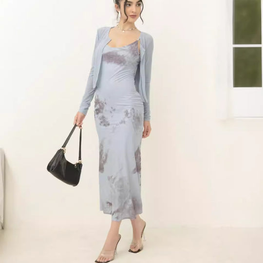 Damen Zweiteiliges Maxikleid-Set mit tailliertem Slipkleid und kurzem Langarm-Cardigan Shop Nory