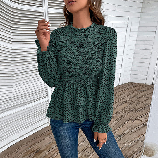 Damen Gesmoktes Chiffon-Blusenshirt mit Stufen-Peplum und Rüschenärmeln Shop Nory