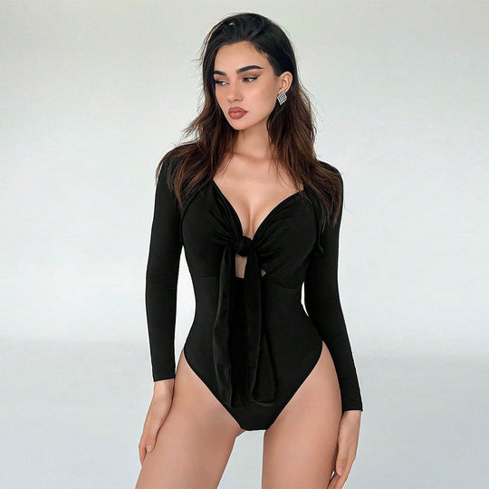 Damen figurbetonter Langarm-Bodysuit mit Knotenfront tiefem V-Ausschnitt und hochgeschnittenem Bein Shop Nory