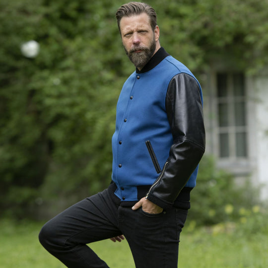 Herren College-Bomberjacke im Varsity-Stil mit Wollkörper und Lederärmeln Shop Nory
