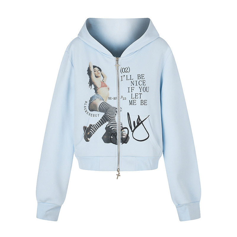 Damen Kapuzen-Sweatjacke mit Fotoprint, kurzem Cropped-Schnitt und Kreuz-Zipper Shop Nory