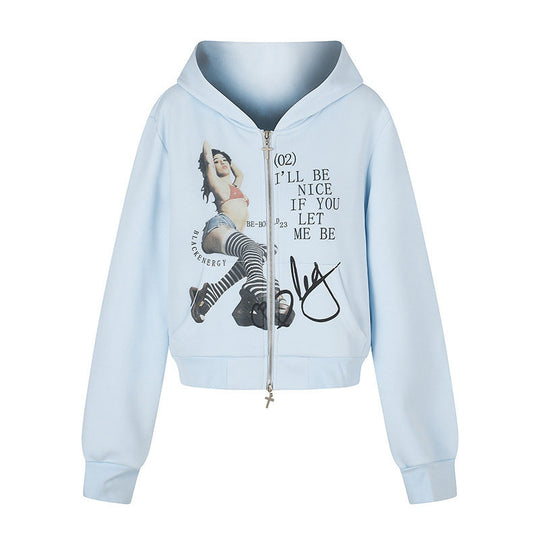 Damen Kapuzen-Sweatjacke mit Fotoprint, kurzem Cropped-Schnitt und Kreuz-Zipper Shop Nory