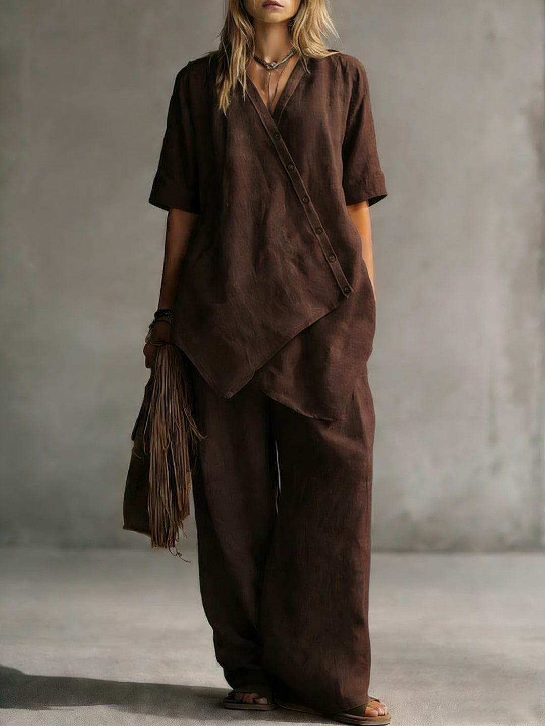 Damen Leinen-Zweiteiler mit asymmetrischer Knopfleiste und weiter Palazzo-Hose Shop Nory
