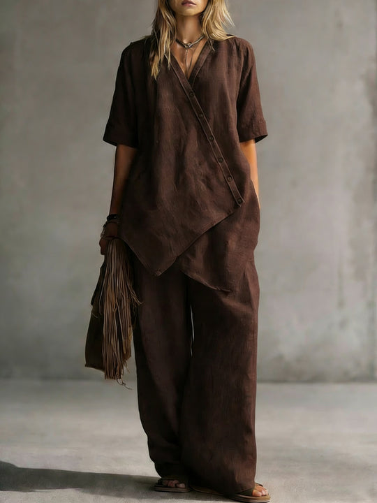 Damen Leinen-Zweiteiler mit asymmetrischer Knopfleiste und weiter Palazzo-Hose Shop Nory