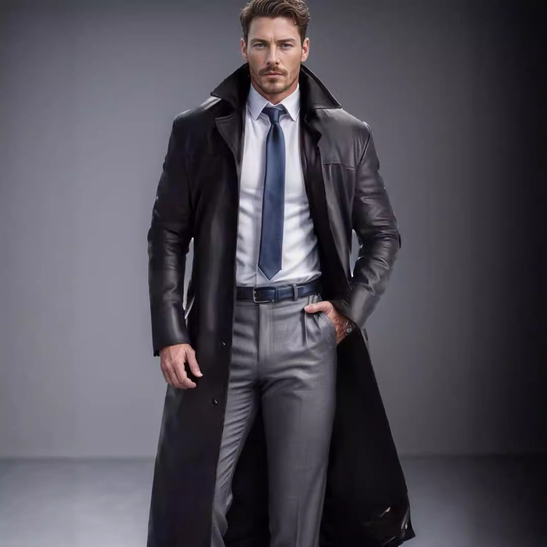 Herren Langer Ledermantel im Trench-Stil mit schmaler Silhouette und Stehkragen Shop Nory