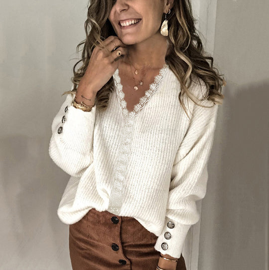 Damen Oversize Feinstrickpullover mit Spitzen‑V‑Ausschnitt und Zierknopfärmeln Shop Nory