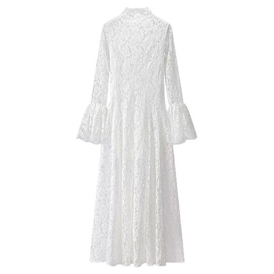 Damen Maxikleid aus floraler Spitze mit hohem Stehkragen und Glockenärmeln Shop Nory