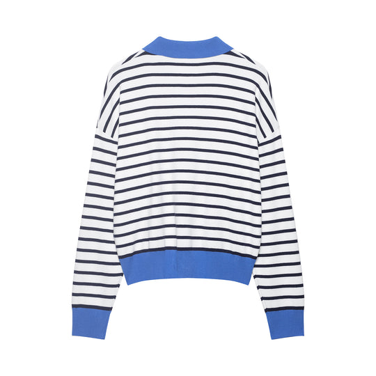 Damen Gestreiftes Cropped Strickpolo mit halbem Reißverschluss und breitem Rippbund Shop Nory