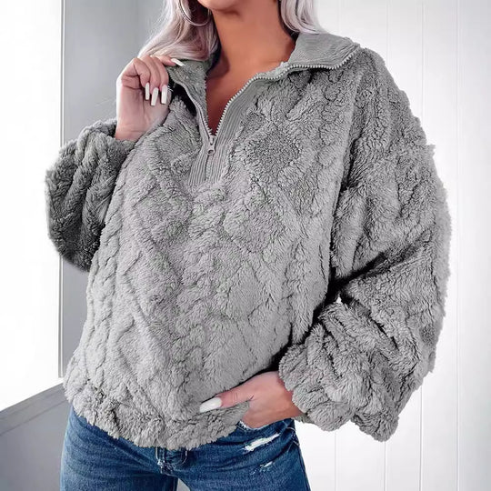 Damen nan Plüsch-Sherpa-Pullover mit halbem Reißverschluss, Stehkragen und oversized Silhouette Shop Nory