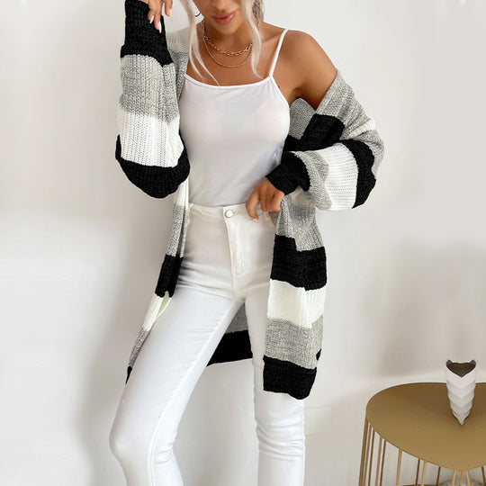 Damen Langer Oversize-Strickcardigan mit Blockstreifen und offener Front Shop Nory