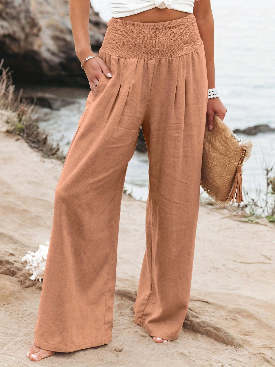 Damen weite Leinenhose mit elastischem Bund