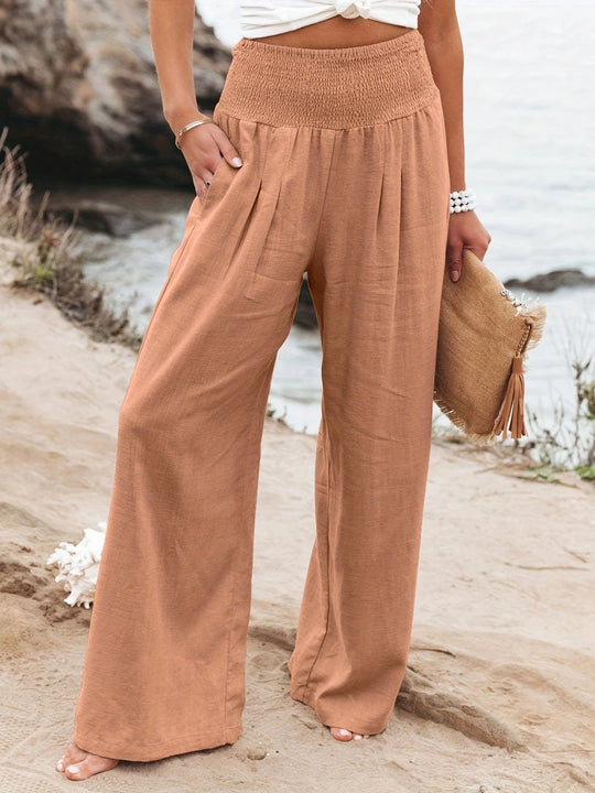 Damen weite Leinenhose mit elastischem Bund