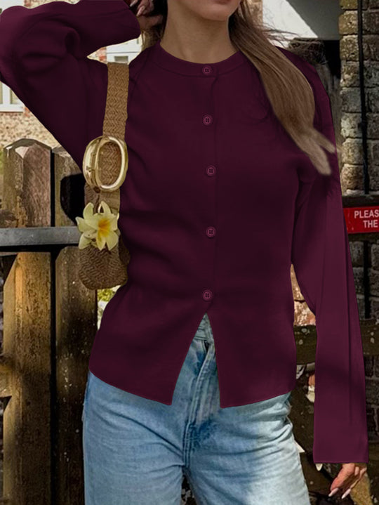 Damen nan taillierte Strickjacke mit asymmetrischer Knopfleiste und Rundhalsausschnitt Shop Nory