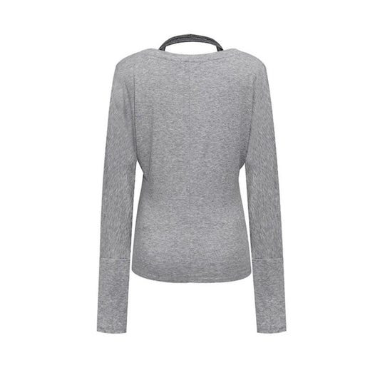 Damen Lagen-Langarmshirt mit tiefem V-Ausschnitt, Neckholder-Innenlayer und seitlichem Script-Print Shop Nory