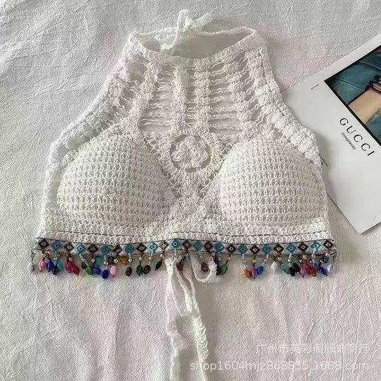 Damen gehäkeltes Bikinioberteil mit bunten Quasten