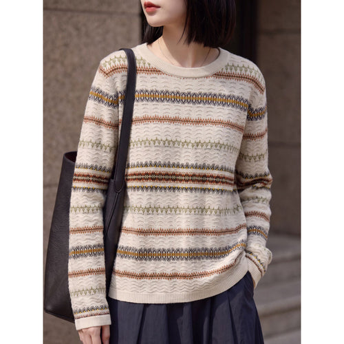 Damen Leichter Rundhals-Pullover im Norwegerstreifen-Design mit strukturierter Ajouroptik Shop Nory
