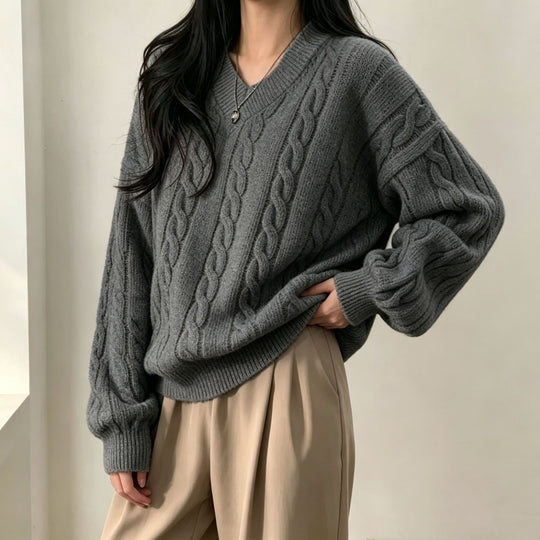 Damen Oversize Zopfmuster V-Ausschnitt Strickpullover mit überschnittener Schulter Shop Nory