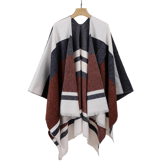 Damen Leichter Capeponcho aus Feinstrick mit geometrischem Blockstreifen-Design Shop Nory
