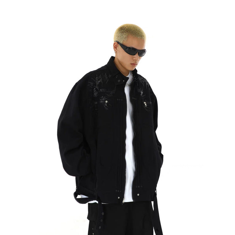 Herren Oversized Utility-Jacke mit Stickerei, Stehkragen, Reißverschluss und langen Gurtbändern Shop Nory