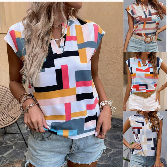 Damen Geometrische Chiffon‑Bluse mit kurzem Cap‑Ärmel und V‑Schlitz Shop Nory