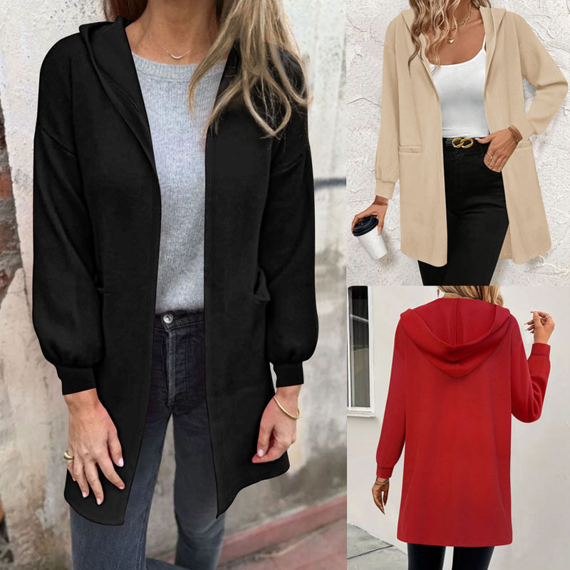 Damen Langer Kapuzen-Cardigan mit Eingrifftaschen und gerippten Bündchen Shop Nory