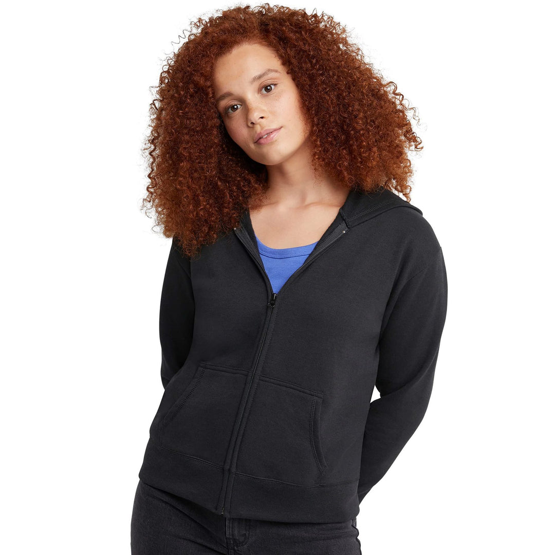 Damen Kapuzen-Sweatjacke mit durchgehendem Reißverschluss, Kängurutaschen und gerippten Bündchen Shop Nory